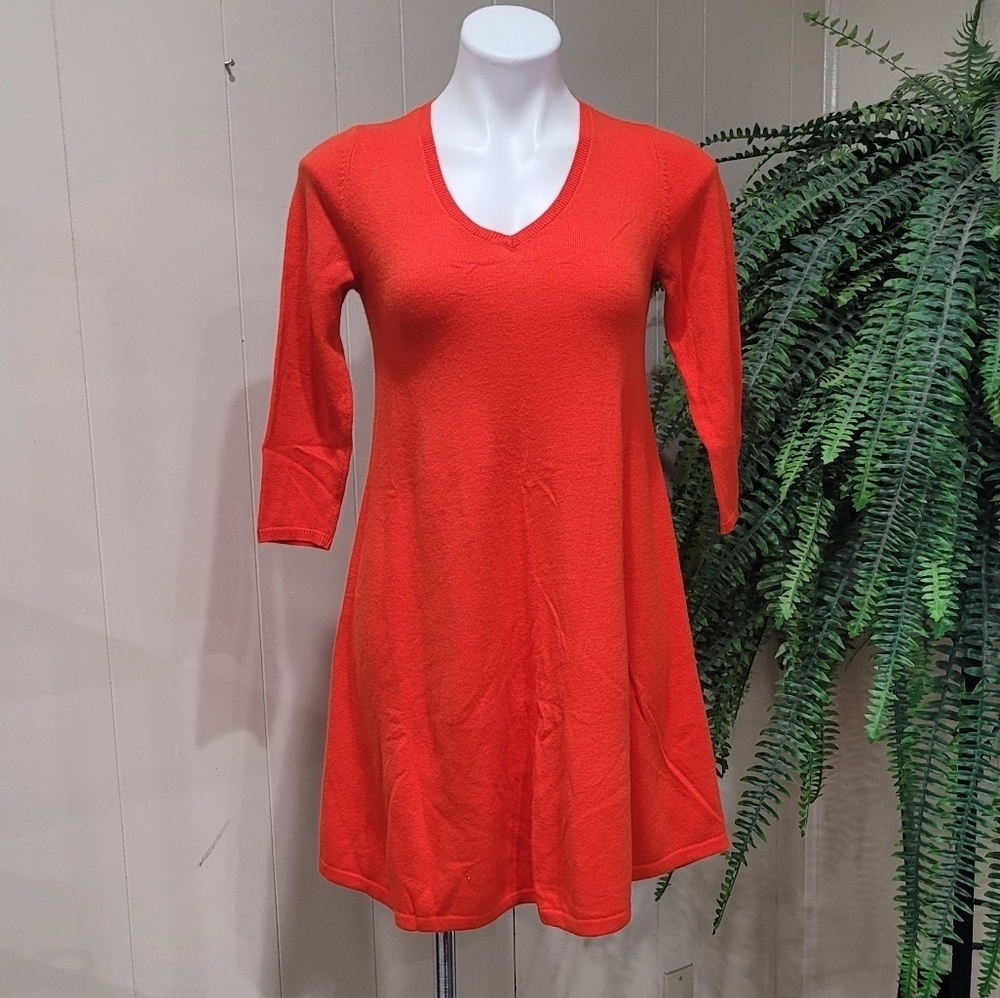 LOFT Sweater Soft Knit Swing Dress Orange Pullover V-neck Dress Women’s Sz XS